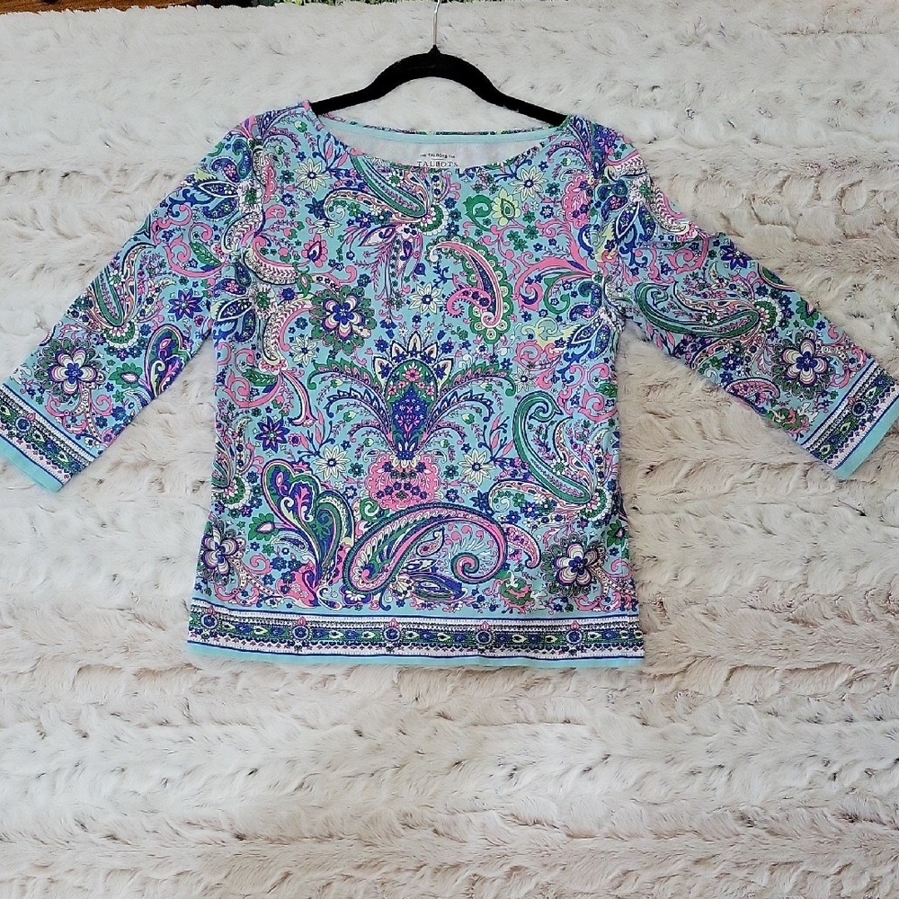 Talbots Paisley Floral Jersey Knit Top Women's Sz MP Printed Blue, Pink Green